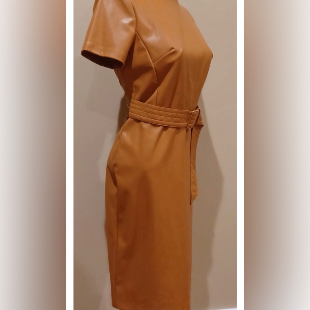 Calvin Klein Faux Leather Camel Sheath Belted MIDI Dress